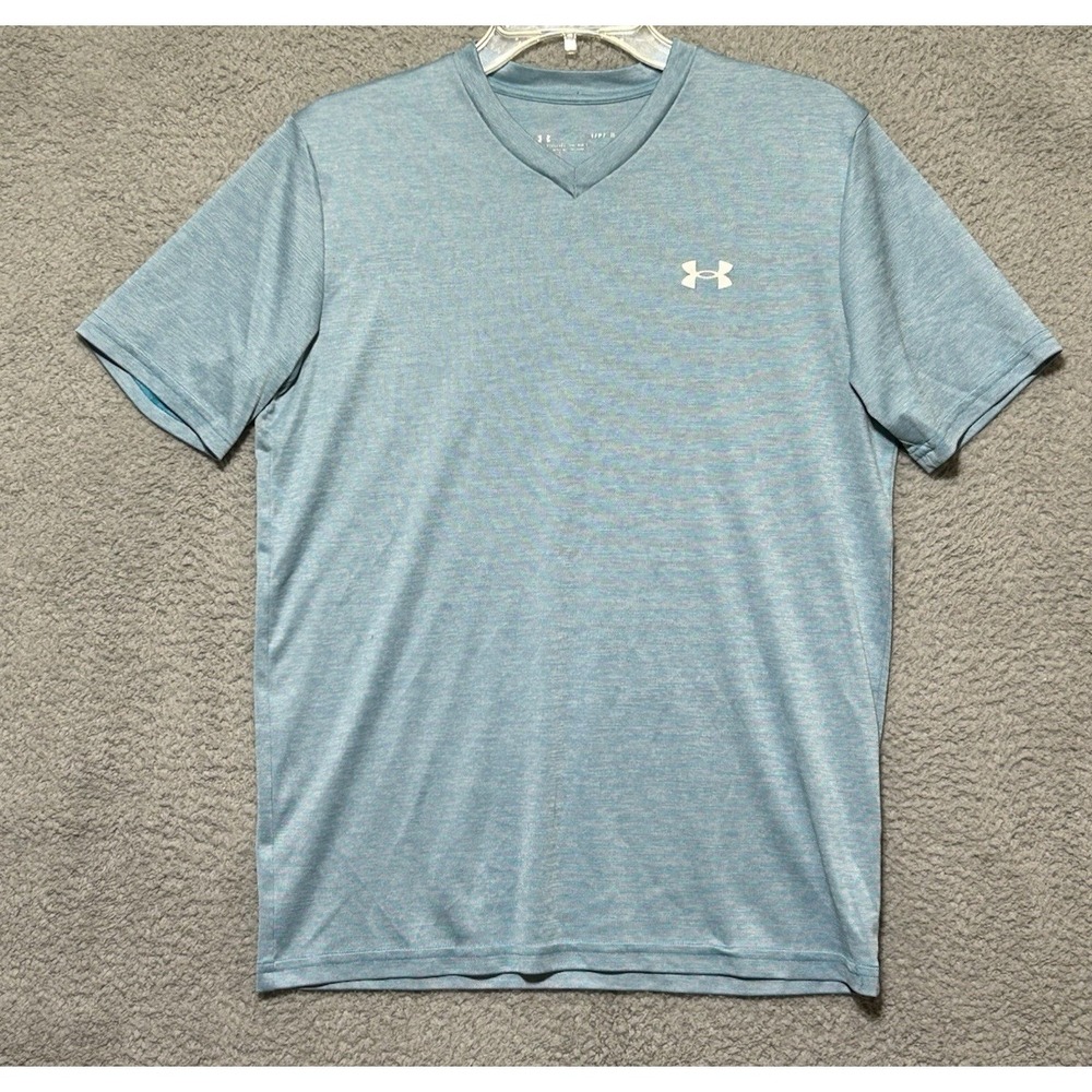 Under Armour Shirt Mens Medium Blue‎ Heather V Neck HeatGear Loose Fit Athletic